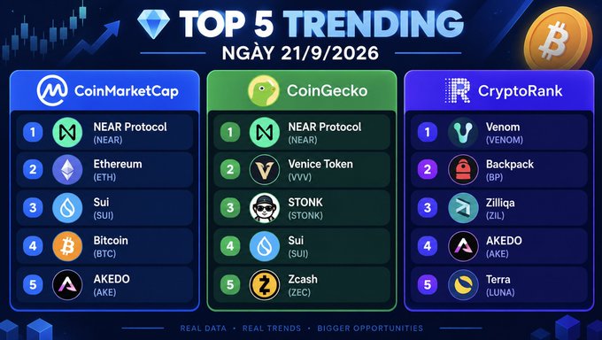 An infographic titled "TOP 5 TRENDING NGÀY 21/9/2026" displays top cryptocurrencies across CoinMarketCap, CoinGecko, and CryptoRank, featuring NEAR Protocol, Ethereum, Sui, and Bitcoin.