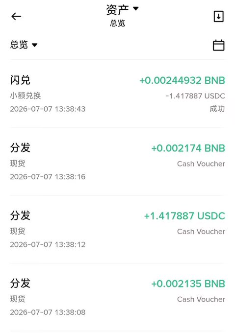 A mobile app transaction history screen showing asset overview with multiple distribution entries in BNB and USDC cash vouchers dated 2026-07-07.