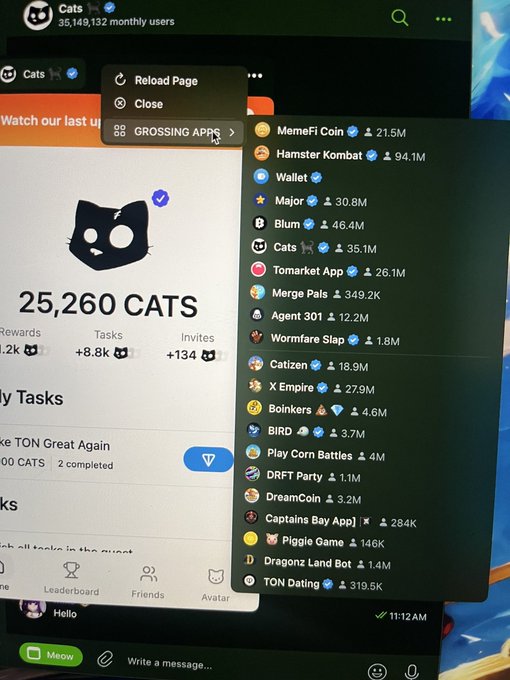 A screenshot of the Cats Telegram mini-app showing 25,260 CATS balance with rewards and tasks, alongside a ranking list of Telegram apps including MemeFi Coin (21.5M), Hamster Kombat (94.1M), Blum (46.4M), and Cats (35.1M).