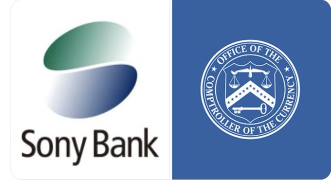 The image shows the Sony Bank logo on the left alongside the official seal of the U.S. Office of the Comptroller of the Currency (OCC) on the right, illustrating Sony Bank's receipt of OCC approval to issue a dollar-backed stablecoin in the United States.