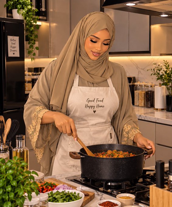 A woman in a beige hijab and an apron that reads 'Good Food Happy Home' cooks a meal in a pot on a stove, with a sign on the fridge reading 'Better Food Bigger Dreams'.