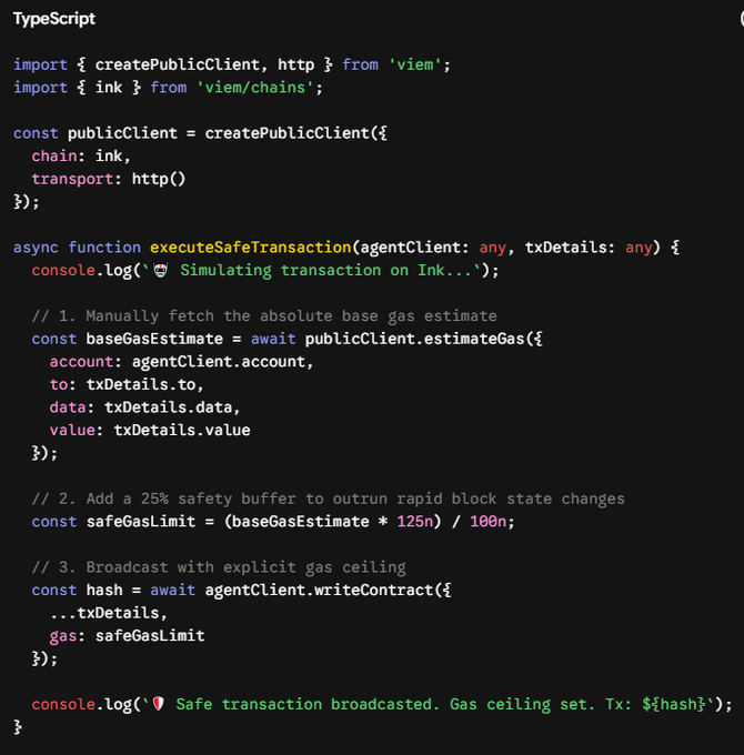The image shows a computer screen with a code written in HTML or XML format. The code appears to be related to gas trading, as indicated by the text "Buildings in public: Step 3 of creating my autonomous AI Agent on @inkonchain Drop everything. We just hit our first major technical roadblock, and the terminal is bleeding red." This suggests that there might have been an issue with the code or a problem encountered during the execution process. The image also contains some text about gas trading, which could be related to the current situation in the code.