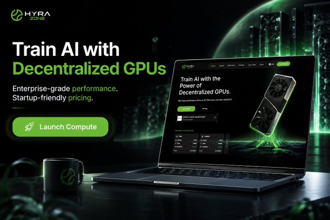 A promotional banner for HYRA Cloud features a sleek laptop displaying a graphics card alongside text reading "Train AI with Decentralized GPUs" and "Enterprise-grade performance. Startup-friendly pricing." with a green "Launch Compute" button, reinforcing the post's message about leveraging decentralized compute as a cost-effective alternative to centralized infrastructure for AI training and scaling.