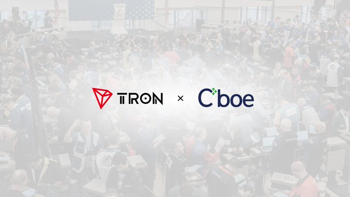 The image shows the TRON and Cboe logos side by side, displayed over a faded background of a crowded trading floor with traders and American flags, symbolizing the launch of the Canary Staked TRX ETF (TRXS) marked by the Cboe Closing Bell ceremony in Chicago.