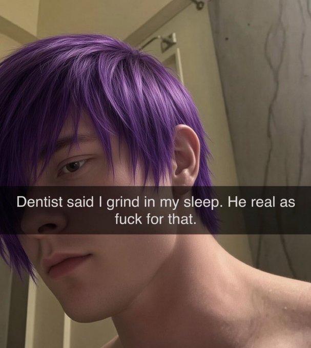 A young man cosplaying as an anime character with vibrant purple hair, overlaid with text reading 'Dentist said I grind in my sleep. He real as fuck for that.'