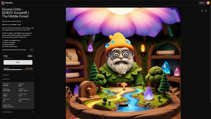 A screenshot of a MetaAI interface titled 'Gnome Cribs - SO[E01:KnoWME] The Middle Forest' displays a whimsical 3D scene of a bearded gnome in a vibrant forest diorama.