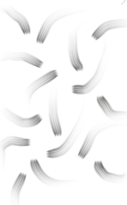A collection of curved, wispy black-and-white brushstroke elements scattered across a white background, resembling digital art brush presets.