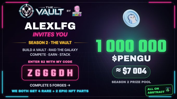 A neon-styled promotional graphic for 'THE VAULT BY MOODY LIGHTS' featuring 'ALEXLFG' inviting viewers to join Season 2 with code 'ZGGGDH' for a chance at 1,000,000 $PENGU (~$7,004) from the prize pool.