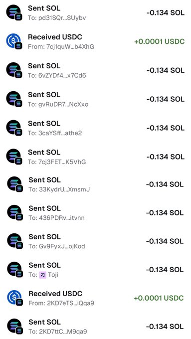 A cryptocurrency transaction history displays numerous "Sent SOL" entries of -0.134 SOL each, alongside two small "Received USDC" deposits of +0.0001 USDC, supporting a post offering SOL airdrop rewards to followers who engage with @Zaynnode.