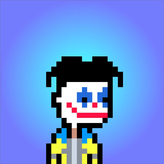 A pixel art portrait of a pale character with black hair, blue and red facial markings, and a yellow jacket against a blue gradient background.