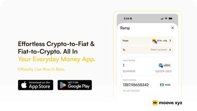 Advertisement for a Ramp crypto-to-fiat app, shown with a phone mockup displaying a USDC to NGN (Nigerian Naira) conversion at 1,387.98 USD, with 'Your Everyday Money App' tagline and App Store/Google Play download buttons, branded by Moove.xyz.