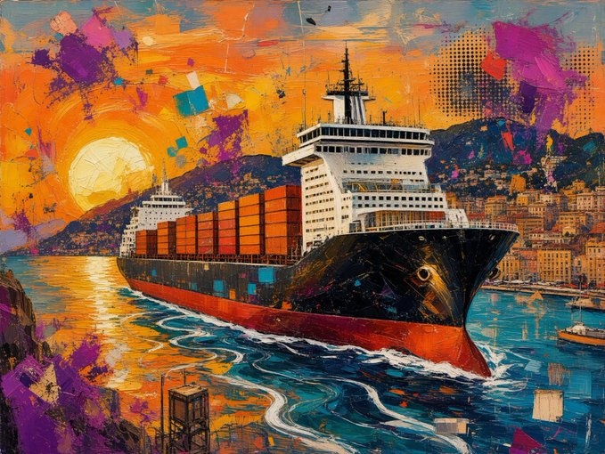 A vibrant, colorful mixed-media style artwork of a large container ship sailing through a harbor at sunset, with a coastal town and mountains in the background.