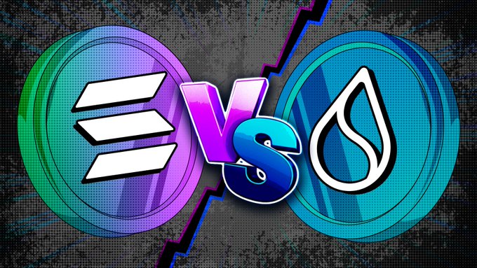 A graphic showing a 'VS' battle between two cryptocurrency logos: the purple Solana emblem on the left and the teal Sui emblem on the right.