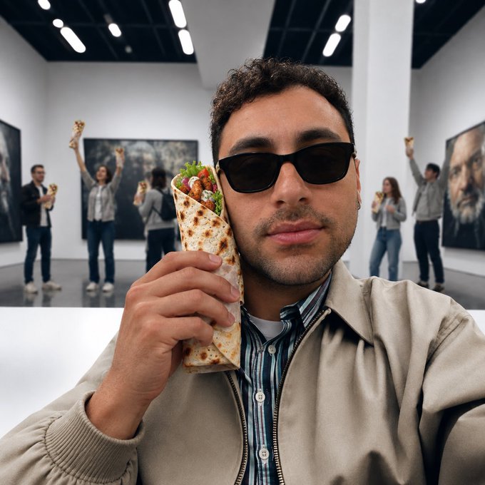 A man wearing sunglasses and a tan jacket holds a wrap sandwich in front of his face in what appears to be an art gallery, with other people also holding food items in the background.