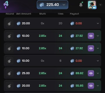 A screenshot of a MetaWin crypto casino betting interface showing multiple rounds with bets ranging from 10.00 to 25.00 at a 2.85x multiplier, revealing a final account balance of 225.40 despite several rounds showing 0x losses—visually demonstrating the long, frustrating grind the poster endured before cashing out their disdain for the platform.