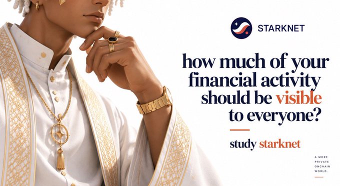 An advertisement for Starknet featuring a man in white robes and gold jewelry, asking 'how much of your financial activity should be visible to everyone? study starknet'.