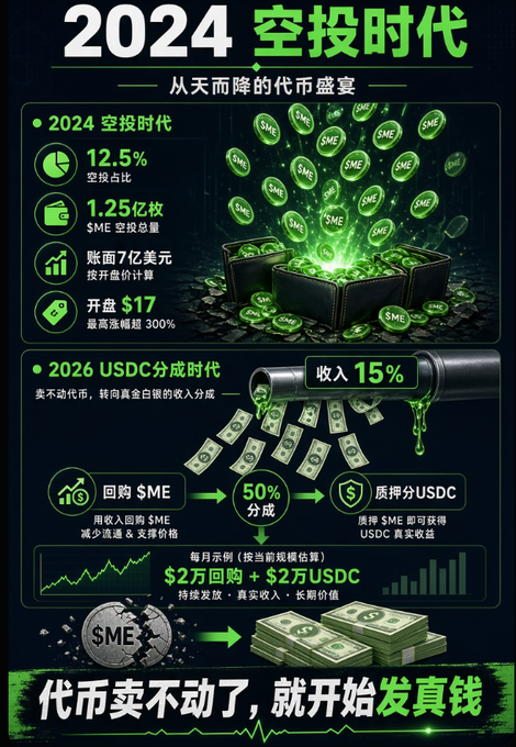 The image is a Chinese-language infographic titled "2024 空投时代" (2024 Airdrop Era) detailing Magic Eden's (ME) financial trajectory, showing a 12.5% airdrop ratio, 125 million ME token total supply, $700M NFT market share, and a peak 300x gain before the narrative transitions to "2026 USDC分成时代" (USDC Revenue Share Era) with 50% buyback and 50% USDC payouts yielding 15% income. 

This visually illustrates the post's point about Magic Eden's decline from a $1.6B NFT marketplace to a token-launching, airdrop-distributing platform, ultimately pivoting to USDC revenue sharing—a cautionary "fall from glory" story captured in the bold bottom tagline: "代币卖不动了，就开始发真钱" (When tokens can't be sold, they start paying real money).