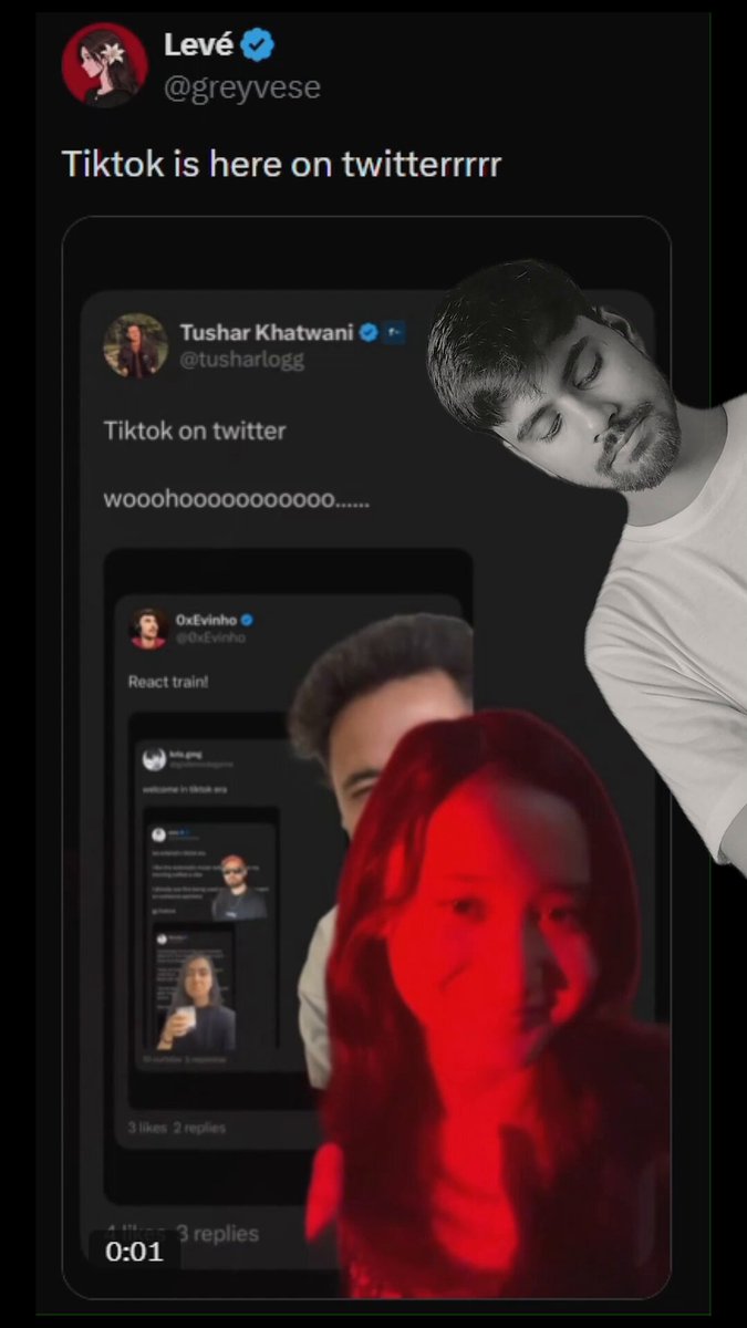 The image features an Instagram post with a large image of two people, one man and one woman. Both individuals are wearing red shirts and appear to be at a party or event. The person in the foreground has their head turned towards the camera. In addition to these two main subjects, there is also some text visible in the image. This text appears to contain information about the post's origin, including "Levee" as one of its authors, and "TikTok is here on Twitterr". The background of the photo is a dark color, which contrasts with the bright red of the subjects' shirts. Overall, it seems like this is an image related to social media or online communication.