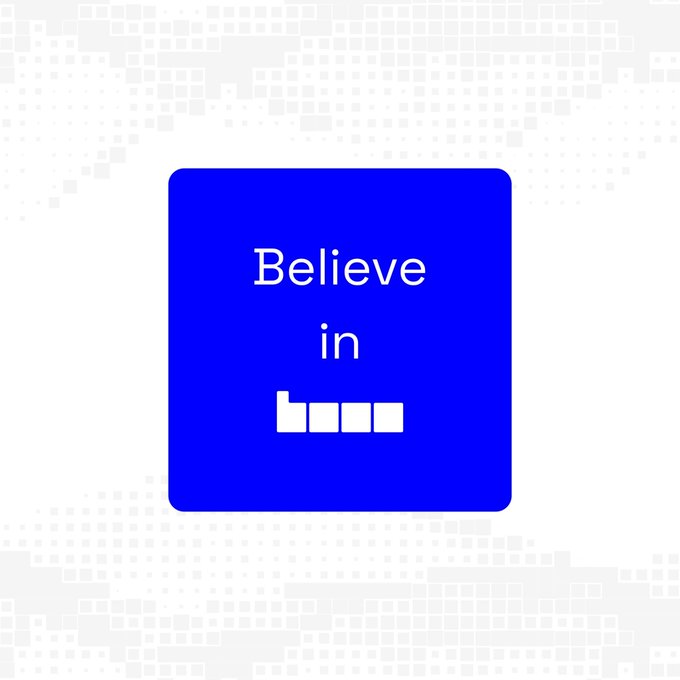 The image features a blue square sticker with white text that reads "Believe In". Below this statement, there are three small blocks of the same color as the sticker, arranged vertically. The background of the image consists of a grid pattern composed of smaller squares in various shades of gray and black.