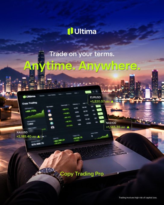 The image is an ad for "Ultima" featuring "Copy Trading Pro," with a person using a laptop on their lap while overlooking a city skyline at dusk, and the screen displays trading data for XAUUSD (+2,185.40), EURUSD (+1,320.57), and NAS100 (+1,145.35), alongside the tagline "Trade on your terms. Anytime. Anywhere."

The image pairs with the post's message about trading discipline by visually reinforcing the appeal of flexible, on-the-go trading access, subtly prompting viewers to consider whether such convenience comes with the responsibility the caption warns about.