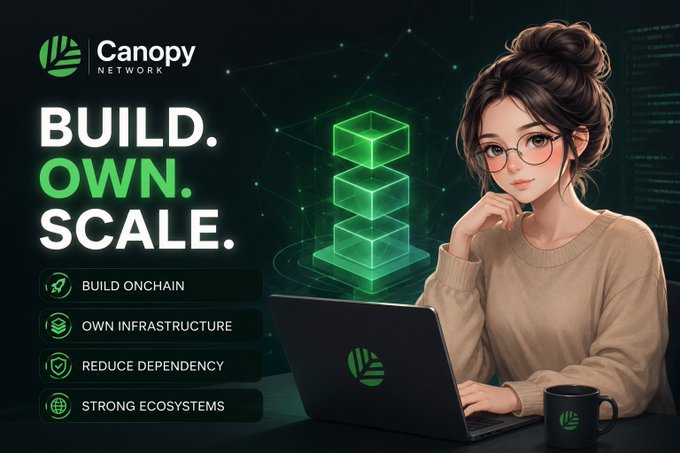 A promotional graphic for 'Canopy Network' with the tagline 'BUILD. OWN. SCALE.' listing features Build Onchain, Own Infrastructure, Reduce Dependency, and Strong Ecosystems alongside an illustrated woman at a laptop.