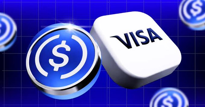 The image features a 3D rendering of the Visa logo alongside a blue USDC (USD Coin) stablecoin emblem, visually representing the partnership between Visa ($V) and stablecoin-based digital payments as mentioned in the accompanying post about Visa's new stablecoin platform.