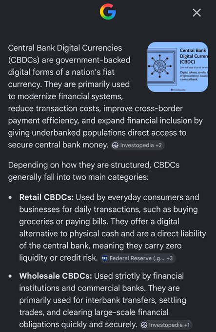 A screenshot showing an explanation of Central Bank Digital Currencies (CBDCs), defining them as government-backed digital forms of fiat currency, and outlining the two main categories—Retail CBDCs for everyday consumers and Wholesale CBDCs for financial institutions. The text is sourced from Investopedia and the Federal Reserve, illustrating the post's warning about government control and financial surveillance through digital currencies like the euro, which contributed to Binance's regulatory issues in Europe.