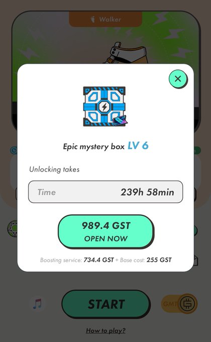 A STEPN game screen showing an "Epic mystery box LV 6" that takes 239h 58min to unlock, with an option to open it now for 989.4 GST (734.4 GST boosting service + 255 GST base cost), above a START button for a Walker activity.