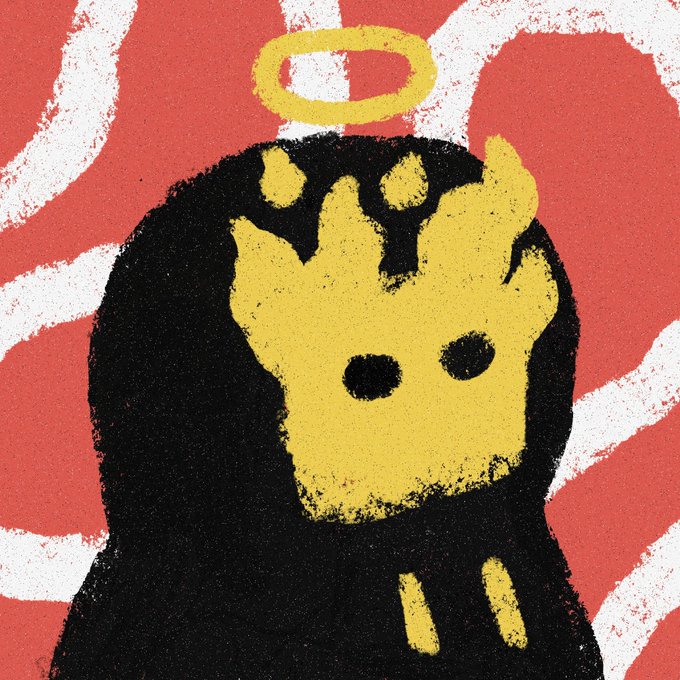 A textured, painterly illustration of a black-cloaked figure with a yellow sheep-like face and a yellow halo, set against a red background with abstract white curving lines.