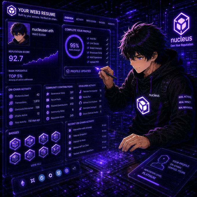 An anime-style illustration shows a young developer in a hoodie working at a futuristic terminal, with a glowing dashboard displaying a "Web3 Resume" for the user **nucleuser.eth** — a "Web3 Builder" with a Reputation Score of 92.7, Top 5% rank, 95% profile strength, and metrics for on-chain activity, community contributions, and badges, alongside the Nucleus ("nucleus") branding and the slogan "Real Actions, Real Impact, Real Reputation." The image visually brings to life the post's message that Nucleus transforms existing on-chain history into a readable, verifiable Web3 resume.