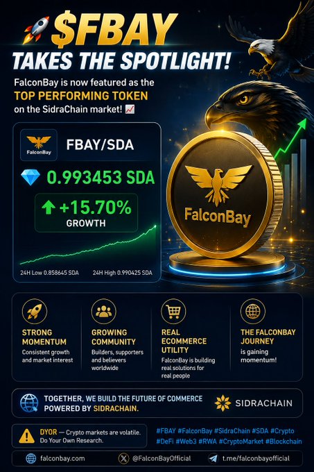 A promotional graphic announcing FalconBay ($FBAY) as the top performing token on SidraChain, highlighting its $FBAY/SDA trading pair at 0.993453 SDA with +15.70% growth, alongside icons emphasizing strong momentum, growing community, real eCommerce utility, and ongoing development, branded with the SidraChain logo and hashtags #FBAY #FalconBay #SidraChain.