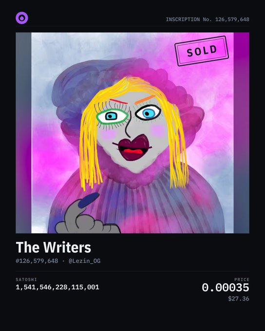 Screenshot of a sold NFT inscription #126,579,648 titled 'The Writers' by @Lezin_0G, featuring a colorful portrait of a woman with yellow hair and a 'SOLD' stamp, priced at 0.00035 ($27.36).
