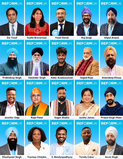 Grid of 20 politician portraits under the 'REFORM UK' banner, including Zia Yusuf, Suella Braverman, Yosef David, Raj Singh, and others.