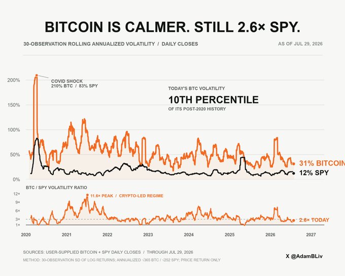 Financial chart titled 'BITCOIN IS CALMER. STILL 2.6× SPY' showing 36-observation rolling annualized volatility through July 29, 2026, with Bitcoin at 31% volatility versus SPY at 12%, noted as the 10th percentile of post-2020 history (source: @AdamBLiv).