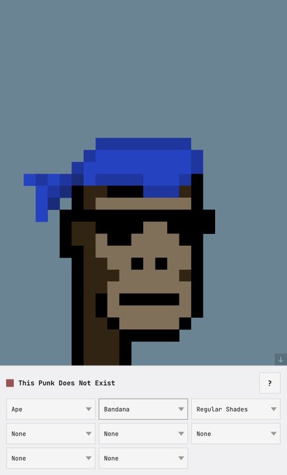 The image shows a cartoon monkey wearing sunglasses and a bandana with a blue bowtie. The monkey appears to be wearing a hat, which adds to its unique appearance. The image also contains text that reads "This punk does not exist", indicating that this particular cartoon character is not real but rather a digital or virtual representation created for entertainment purposes.

The post seems to be promoting an online marketplace where users can find and purchase items related to the punk character, such as clothing, accessories, or even tattoos. The image also includes a list of names and descriptions of the items available on this marketplace, providing potential buyers with more information about what they can expect from purchasing these items.