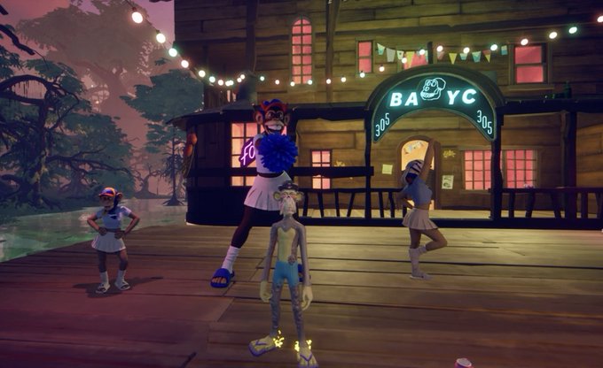 A scene from a video game featuring animated characters standing on a wooden deck in front of a lit building with a 'BA YC' sign and festive string lights.