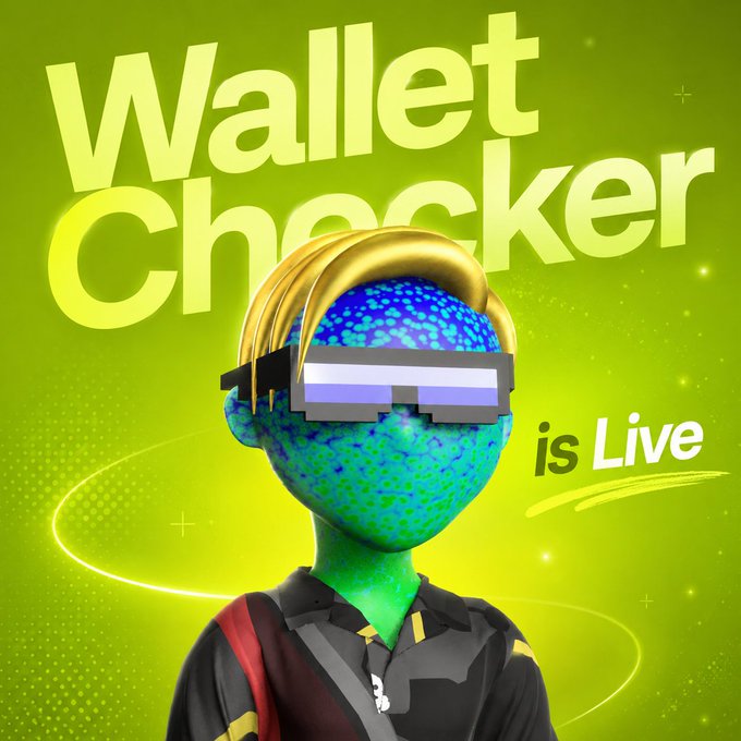 A green-skinned, pixel-voxel character wearing pixelated sunglasses is featured in a vibrant green graphic announcing "Wallet Checker is Live," promoting an NFT mint on OpenSea for the "Rob" collection, scheduled for July 29th with a supply of 6,666 and a guaranteed mint price of 0.0003 ETH on the Robinhood chain.