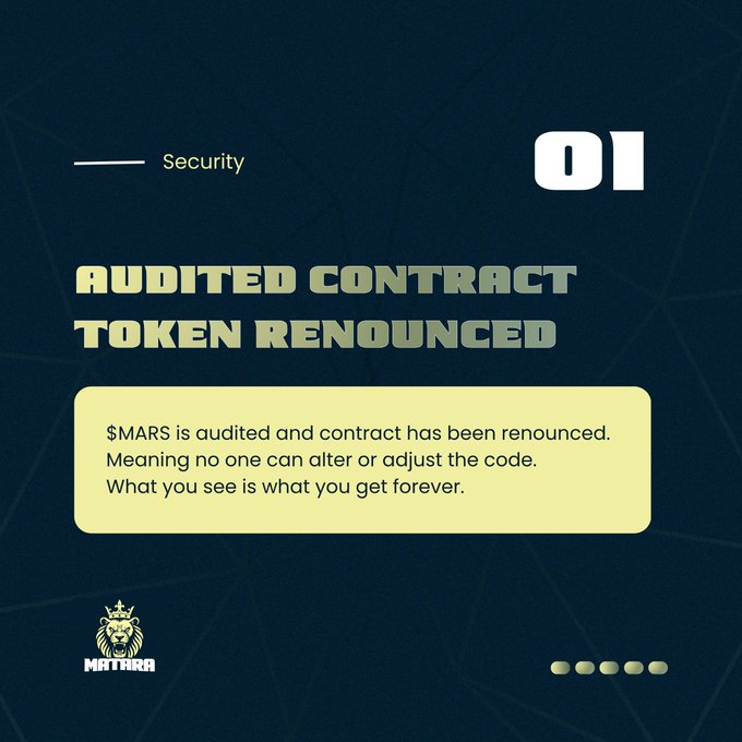 The image shows an advertisement for a cryptocurrency called "MARS". The text on the image reads "01 Audited Contract token renounced", which indicates that the token has been retracted or canceled by its owner, and the reason given is that the contract has been audited. The image also includes a logo of a lion's head in yellow and black colors, suggesting that the advertisement might be related to a gaming company or an event involving lions.

The post promotes the idea that investing in "MARS" can provide financial benefits due to its audited token, which implies that it is a secure and reliable investment opportunity. The image also includes text about the importance of understanding what you see when considering such investments.