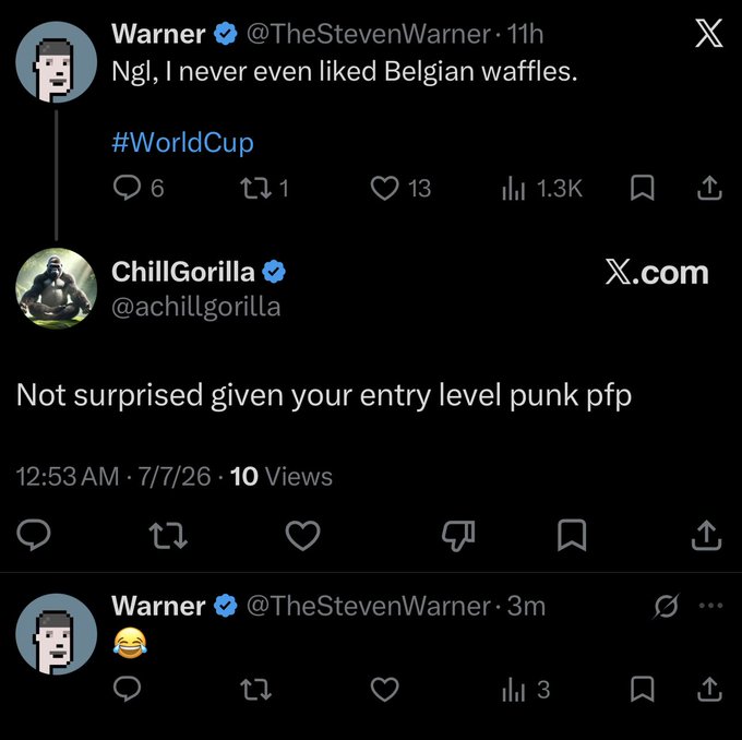 A screenshot of an X (Twitter) exchange where Warner (@TheStevenWarner) posts about not liking Belgian waffles, and ChillGorilla (@achillgorilla) replies with 'Not surprised given your entry level punk pfp'.
