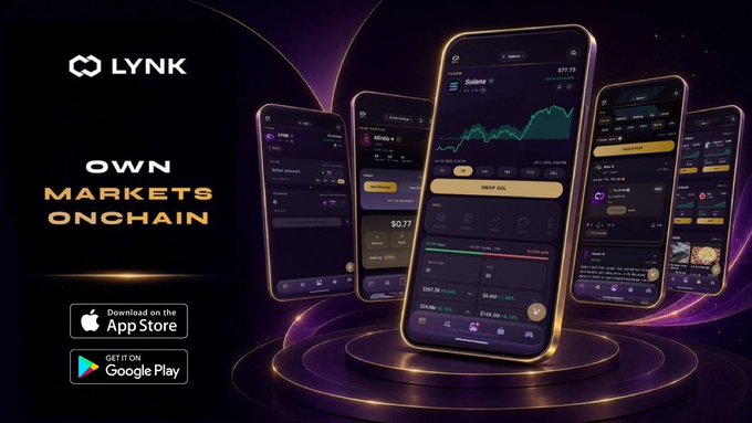 An advertisement for the 'LYNK' app shows multiple smartphone screens displaying trading interfaces with the text 'OWN MARKETS ONCHAIN' and download buttons for the App Store and Google Play.