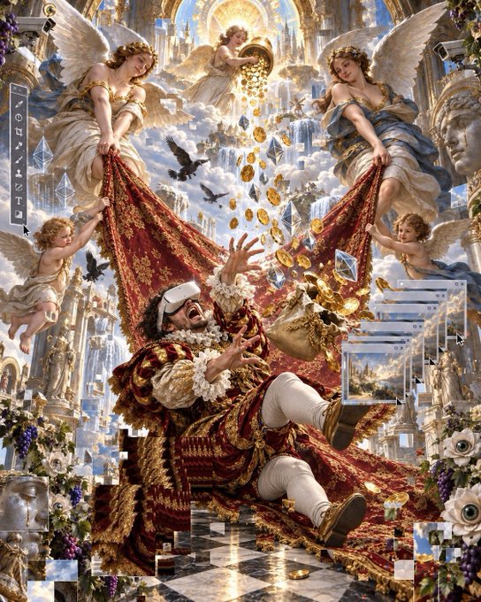 An elaborate baroque-style digital artwork featuring a laughing king-like figure on a throne being showered with gold coins by angels, with Asian characters visible on the left side.