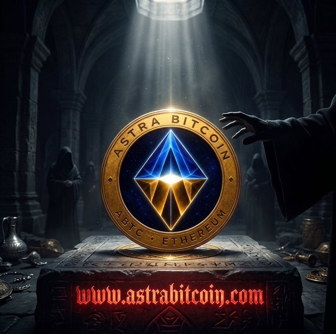 The image features a large coin with an intricate design of a blue diamond at its center, surrounded by gold. The coin is placed on a stone slab or pedestal, which serves as a display for the Astra Bitcoin logo. Below the coin, there's text that reads "Astra Bitcoin" and "ABTC", indicating the type of cryptocurrency represented by the coin. Additionally, there are two small images of people in robes, one standing behind the coin and another person reaching out towards it. The background is dark and filled with shadows, creating an atmosphere reminiscent of a medieval setting or castle.