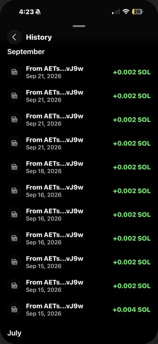 A smartphone screenshot displays a 'History' screen with a list of transactions labeled 'From AETs...vJ9w', mostly showing a transfer amount of '+0.002 SOL' for various dates in September.