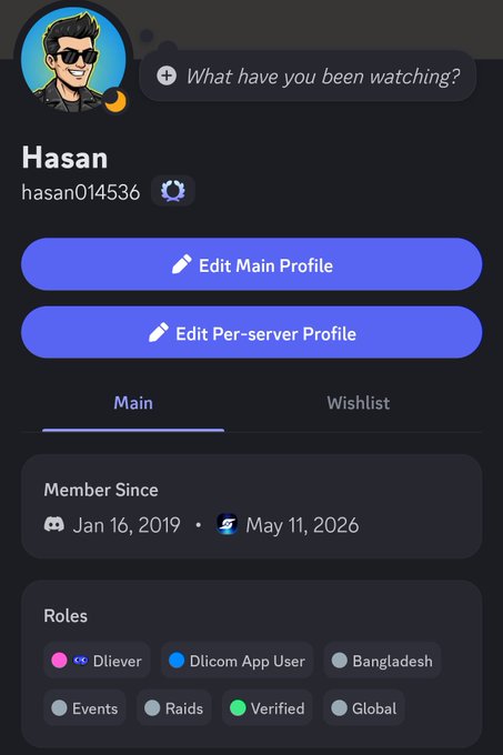 Discord profile page for user 'Hasan' (hasan014536), a member since Jan 16, 2019, showing roles including Dliever, Dlicom App User, and Bangladesh.