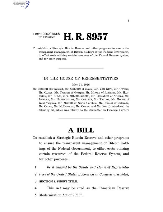 The image shows a document titled "H.R. 8957" with text discussing the creation of a digital asset reserve, which has been dropped by Congress. The document also mentions XRP as one of the assets that could be included in this reserve. The focus on the details and the context surrounding the bill suggests it is an important piece of legislation related to digital assets or cryptocurrencies.