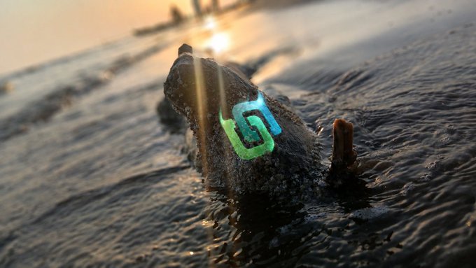 A close-up image of a rock on a wet sandy beach at sunset, with a glowing green and blue stylized 'S' or snake-shaped symbol overlaid on it.