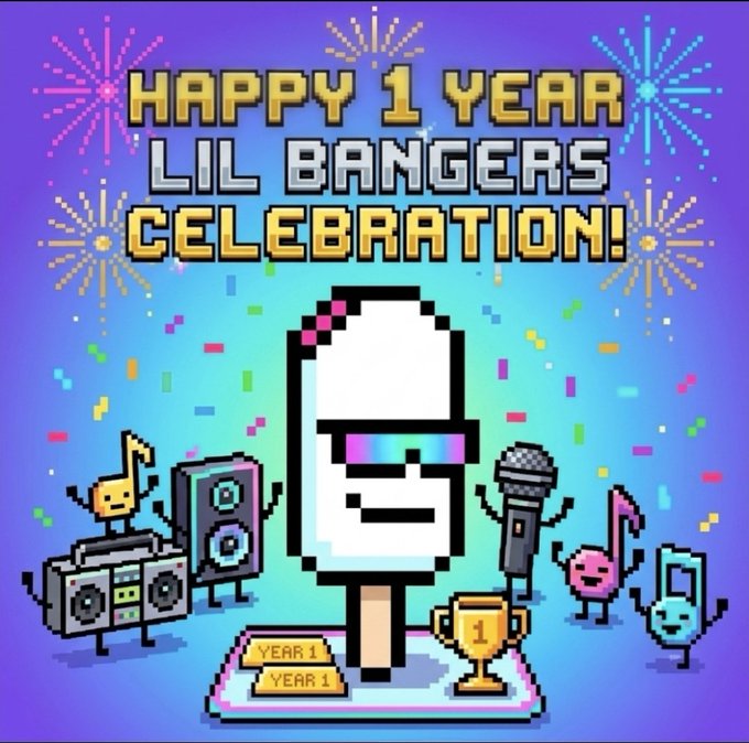 A pixel-art celebration graphic reading 'HAPPY 1 YEAR LIL BANGERS CELEBRATION!' featuring a popsicle character with sunglasses holding a microphone, surrounded by boomboxes, a trophy, and musical note characters.