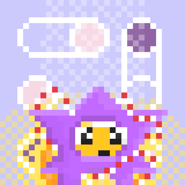 Pixel art image showing a yellow cartoon character with large eyes wearing a purple robe and ornate headdress, standing beneath large pink and purple Chinese characters on a light purple background.