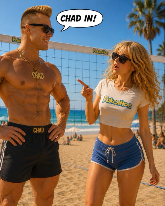 A muscular blonde man named "CHAD" (wearing a gold "CHAD" chain and shorts) stands shirtless on a beach volleyball court next to a woman in a "Pokéahoe" crop top, who points at him with a speech bubble reading "CHAD IN!" — playfully illustrating the post's shoutout to a new "chad" entering the $POKEAHOE chat.
