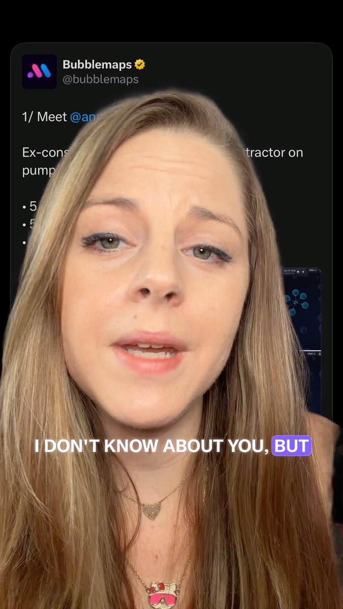 A young woman with long blonde hair speaks in front of a tweet from @bubblemaps, with the on-screen text 'I DON'T KNOW ABOUT YOU, BUT' displayed.